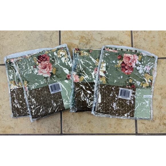 Set (4) Patchwork Valance Curtain 18"x60" Sage Green Floral Rose Tan Brown NEW - Picture 2 of 5